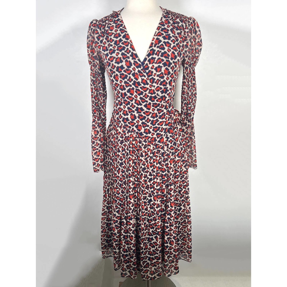 Diane Von Furstenberg DVF Shirred Midi Wrap Dress XS Animal Leopard Print *Read